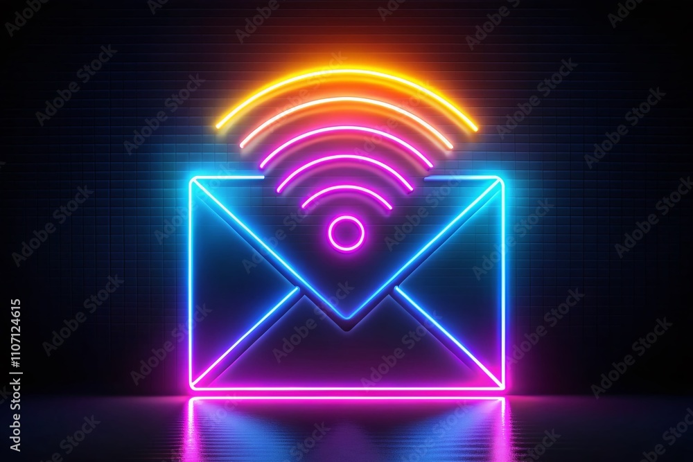 Fototapeta premium A glowing neon email icon with a wireless signal glimmers in low light, representing modern digital communication and connectivity in a vibrant, engaging style.