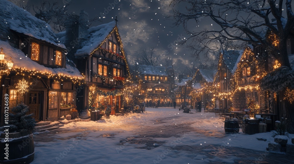 Enchanting Winter Village Scene with Festive Lights, Snowfall, and Cozy Architecture Perfect for Holiday Celebrations and Winter Magic Enchanting Winter Village Scene with Festive Lights, Snowfall, and Cozy Architecture Perfect for Holiday Celebrations and Winter Magic