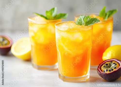 Refreshing passion fruit and lemon iced tea in glasses, garnished with mint. Perfect for summer.