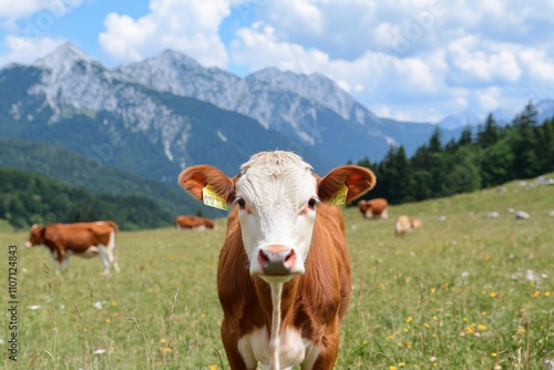 Wallpaper Mural A curious cow stands in an open field with mountains in the background. Torontodigital.ca