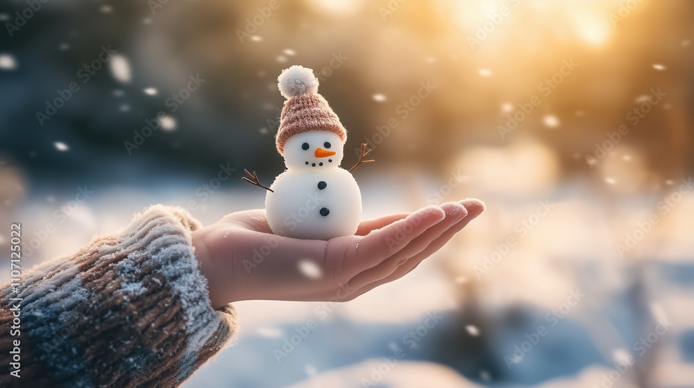 Obraz premium Cozy winter scene with handmade snowman in hand at sunset