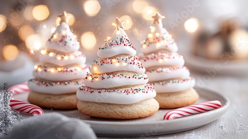 Fun, festive sugar cookies shaped like Christmas trees, topped with multicolored icing, candy canes, sprinkles, and tiny edible lights for decoration photo