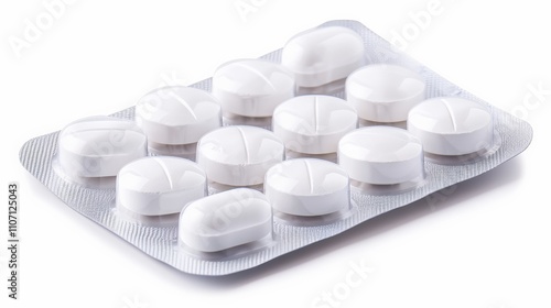 A blister pack with twelve white tablets, neatly arranged and isolated on a white background.