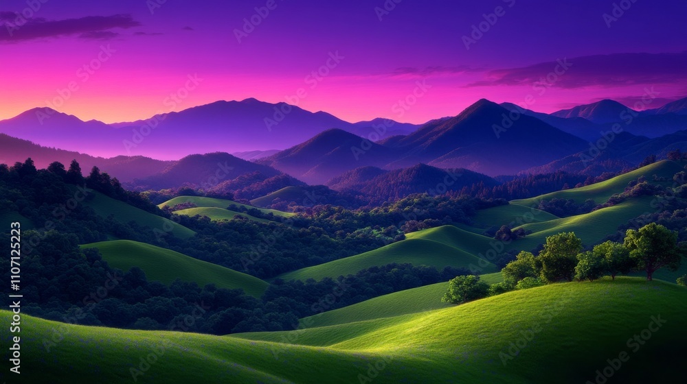 Serene Rolling Hills at Twilight with Purple and Pink Sky Serene Rolling Hills at Twilight with Purple and Pink Sky