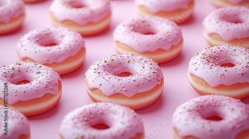 Pink glazed donuts arranged in a pattern on a pink background.