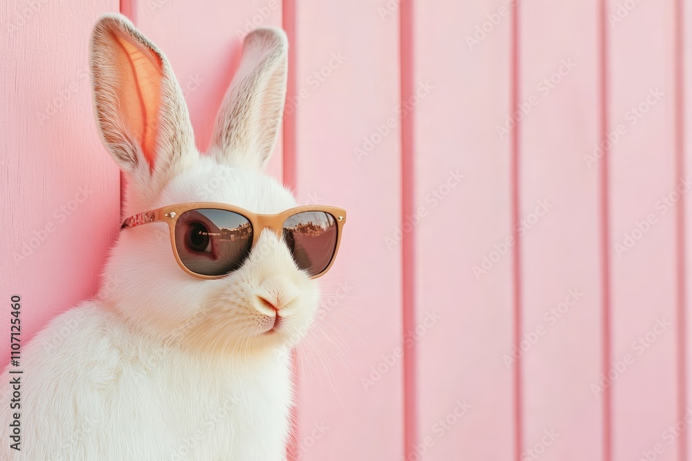Fototapeta premium A white rabbit wearing dark sunglasses, posing stylishly on a soft white blanket.
