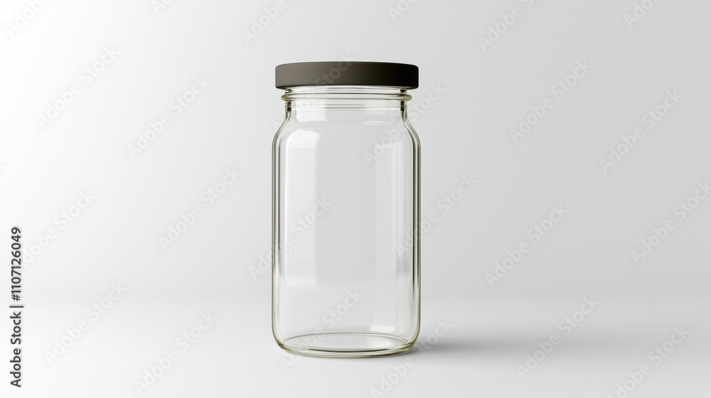 Food packaging jar mock-up concept in a minimalist style. Empty glass jar with a dark lid on a plain background Food packaging jar mock-up concept in a minimalist style. Empty glass jar with a dark lid on a plain background
