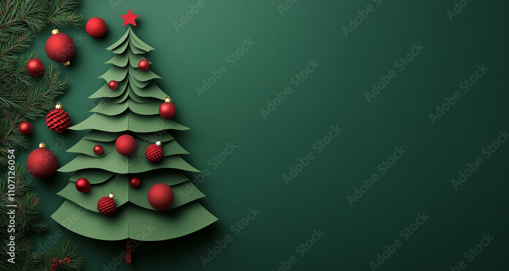 Creative paper cut design of a Christmas tree with red ornaments on a green background Creative paper cut design of a Christmas tree with red ornaments on a green background