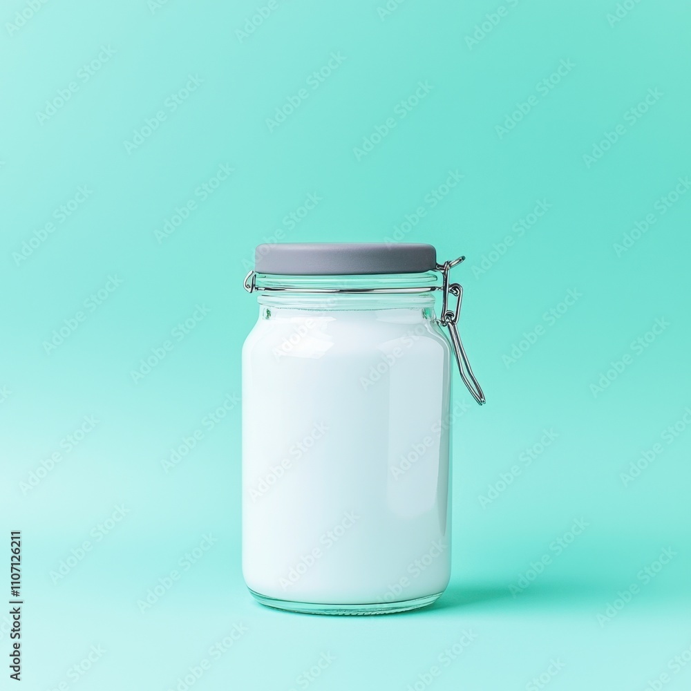 Food packaging jar mock-up concept in a minimalist style. Jar of white milk against a mint green background Food packaging jar mock-up concept in a minimalist style. Jar of white milk against a mint green background