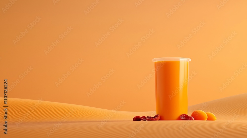 Orange smoothie in a disposable plastic cup on a desert landscape with dried fruits. Orange smoothie in a disposable plastic cup on a desert landscape with dried fruits.