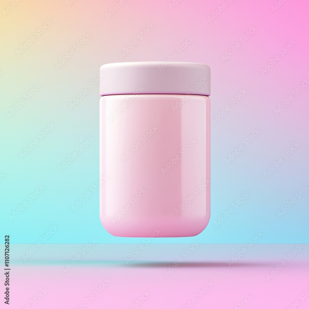 Food packaging jar mock-up concept in a minimalist style. Pink container against a colorful gradient background Food packaging jar mock-up concept in a minimalist style. Pink container against a colorful gradient background