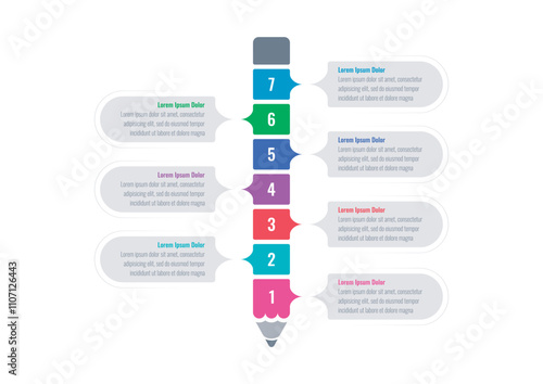 infographic template for magazine, annual report. infographic template for education, science, business. colored pencil infographic template. seven steps information template