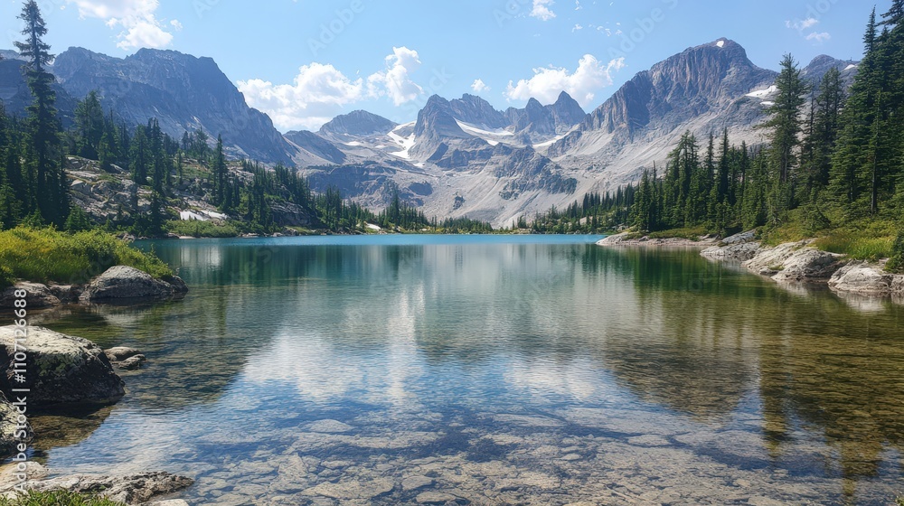 A pristine lake surrounded by mountains and forests, illustrating the balance between water resources and the natural environment. A pristine lake surrounded by mountains and forests, illustrating the balance between water resources and the natural environment.