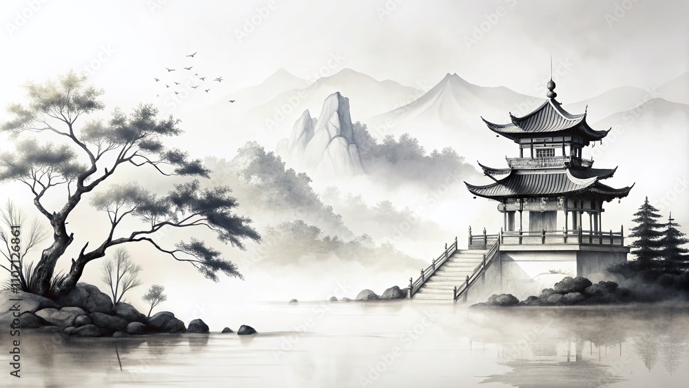 A minimalist ink drawing on a white background showcases elegant Eastern motifs. This fine line artwork combines cultural elements and abstract patterns to create a serene aesthetic.