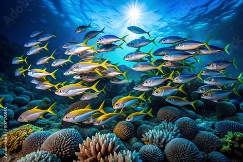 Stunning Night Photography of a School of Yellowback Fusiliers Swimming in the Vibrant Coral Reefs of Pulau Sipadan, Capturing the Underwater Beauty and Marine Life Diversity photo