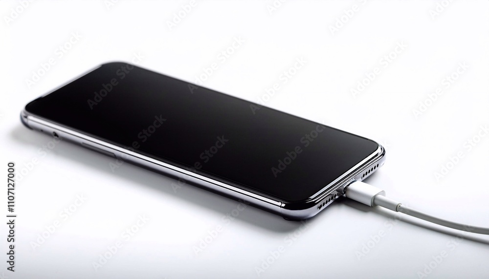 A mobile phone is connected to a charger on a white background A mobile phone is connected to a charger on a white background