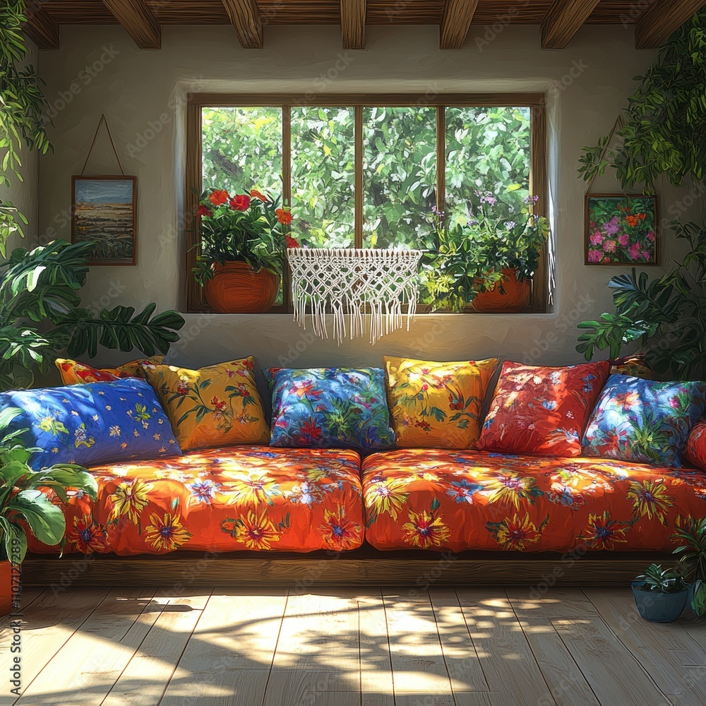 A cozy living room with a large window, a couch covered in colorful pillows, and plants in pots. The room is decorated with a bohemian style. A cozy living room with a large window, a couch covered in colorful pillows, and plants in pots. The room is decorated with a bohemian style.