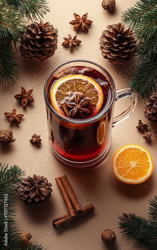 Warm mulled wine with orange slice, cinnamon sticks, star anise, and pine cones. Festive winter drink for Christmas or holiday season.