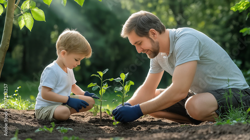 Father and son planting saplings together in a garden, family bonding and environmental stewardship, nature, and instilling eco-friendly values in the younger generation ,love for nature, conservation photo