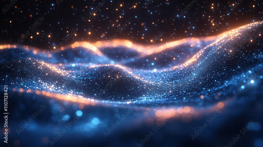 Obraz premium A mesmerizing digital landscape of glowing waves, shimmering with vibrant colors and sparkling particles.