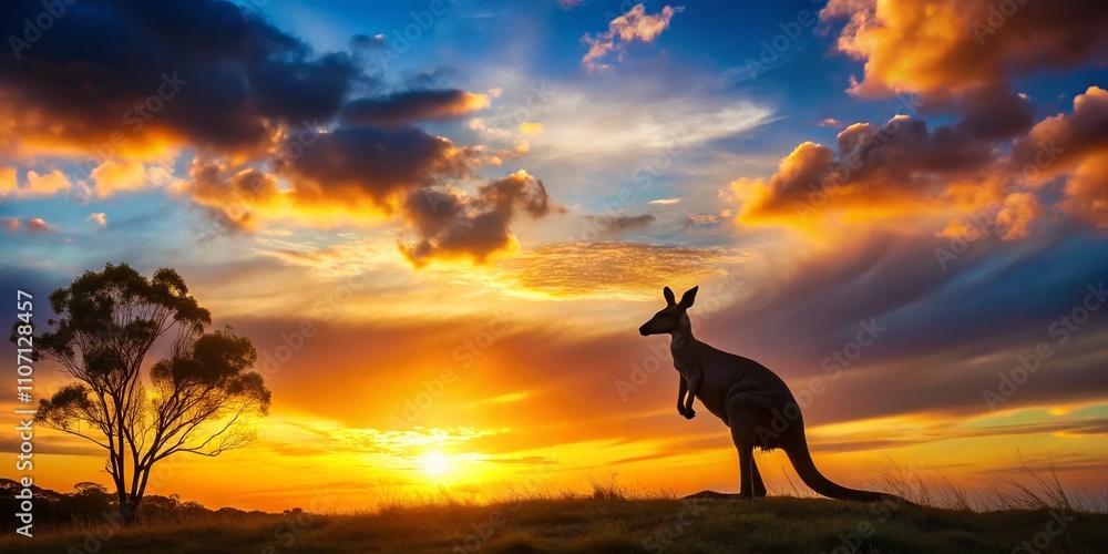 Stunning Panoramic View of a Kangaroo Silhouette at Sunset in an Australian Landscape, Capturing the Essence of Wildlife and Nature in a Serene Atmosphere Stunning Panoramic View of a Kangaroo Silhouette at Sunset in an Australian Landscape, Capturing the Essence of Wildlife and Nature in a Serene Atmosphere