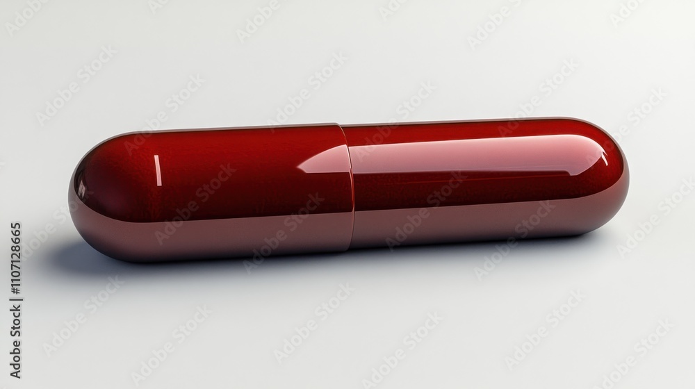 Red oblong capsule pill on white background.