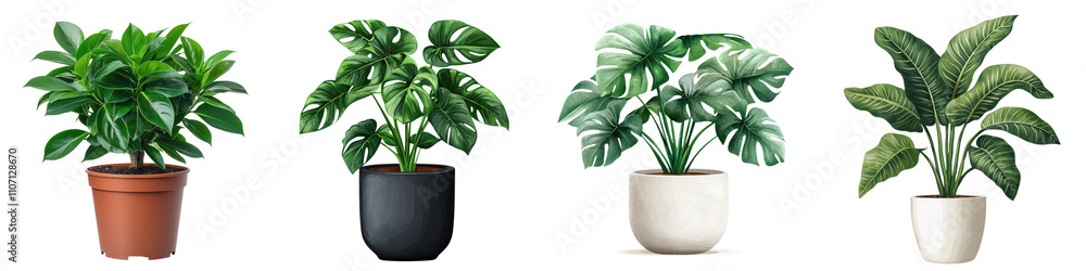 Assorted Philodendron Plants in Modern Ceramic Pots Against White Background