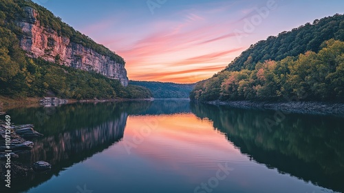 A serene mountain lake at sunset, with a reflection of surrounding trees and cliffs, illustrating the delicate balance between nature and human impact