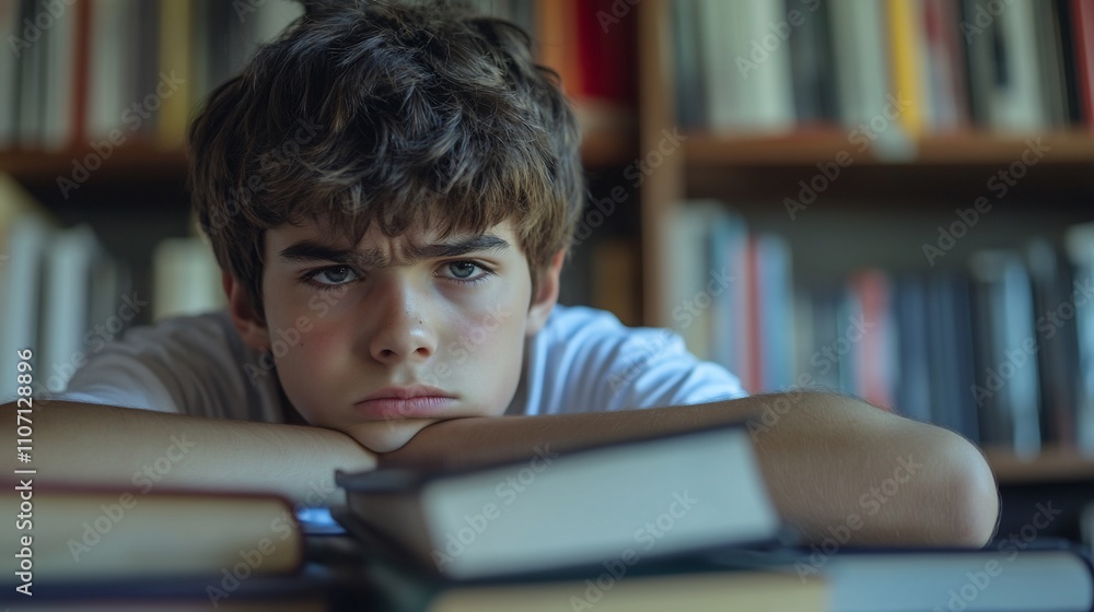 A boy looks frustrated while studying with books around him. A boy looks frustrated while studying with books around him.