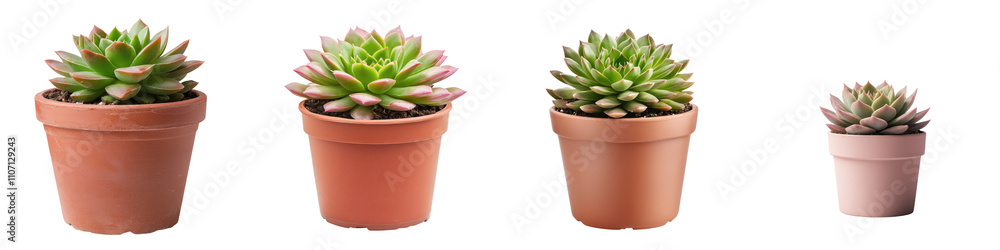 Sempervivum Succulent Plants Arranged in Ceramic Pots on White Background Sempervivum Succulent Plants Arranged in Ceramic Pots on White Background