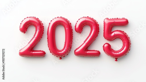 Shiny Purple Balloons Spelling Out "2025" Floating On Red Background. Presents a Fun and Festive New Year Celebration Design.