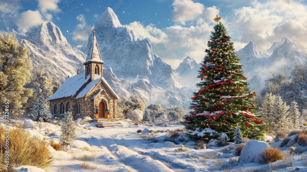 Serene Winter Landscape Featuring Snow-Covered Church and Festively Decorated Christmas Tree Against Majestic Mountain Backdrop Serene Winter Landscape Featuring Snow-Covered Church and Festively Decorated Christmas Tree Against Majestic Mountain Backdrop