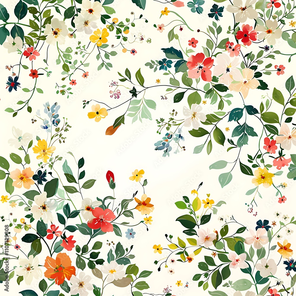 Fototapeta premium A delicate floral motif with tiny blooms in various colors and lush green leaves, elegantly arranged on a light-colored background. 8k UHD, suitable for high-quality printing or digital display. 