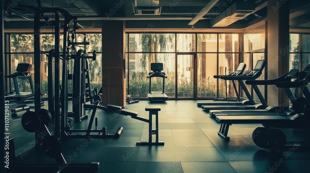 A sleek gym with modern equipment, showing a lifestyle focused on fitness, health, and staying active in everyday life A sleek gym with modern equipment, showing a lifestyle focused on fitness, health, and staying active in everyday life