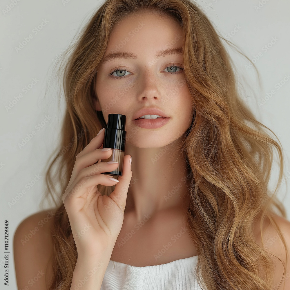 photo of a woman with natural and realistic skin, holding a small black jar of cream in one hand, in a classic advertising pose photo of a woman with natural and realistic skin, holding a small black jar of cream in one hand, in a classic advertising pose