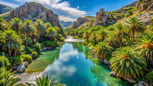 Stunning Portrait of Palm Grove at Preveli Beach Surrounded by Majestic Kourtaliatiko Gorge in Crete, Showcasing Tropical Beauty and Lush Greenery Under Clear Blue Skies photo