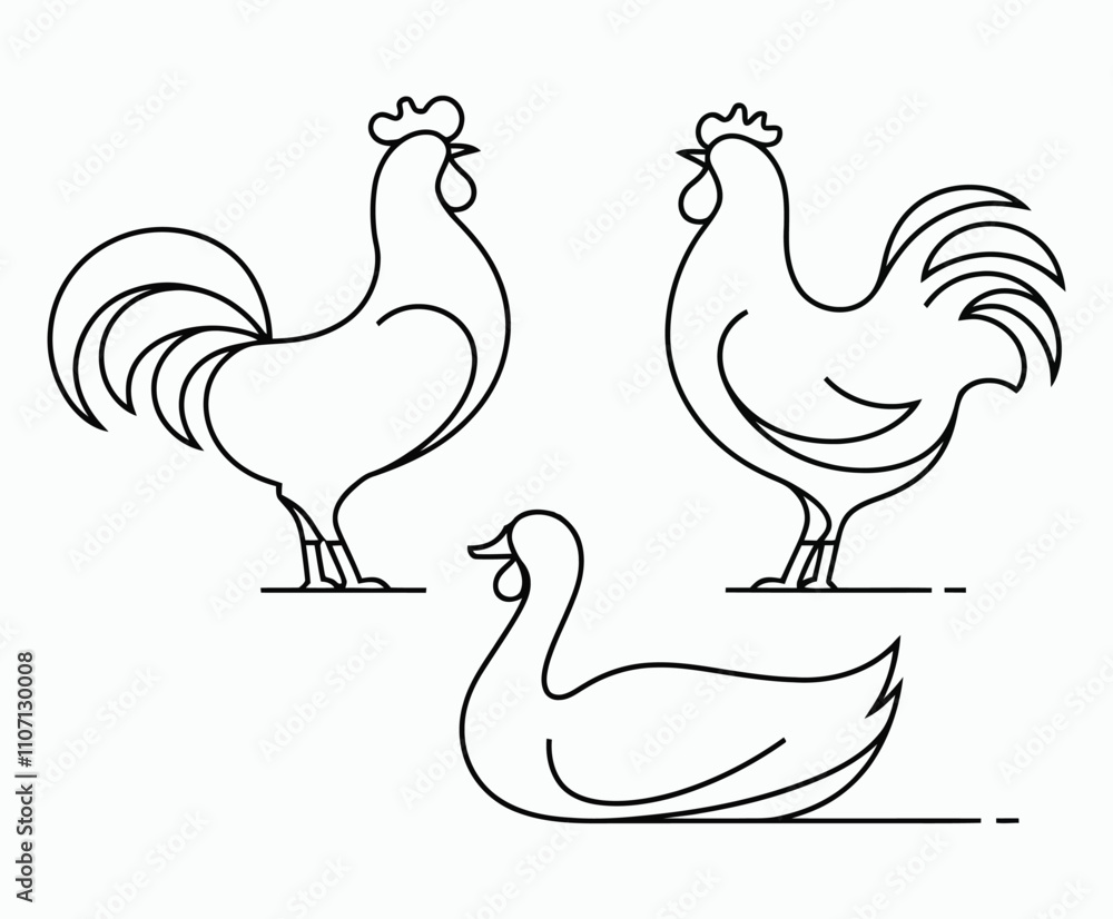 Fototapeta premium Rooster and Duck Outline Silhouettes Vector
