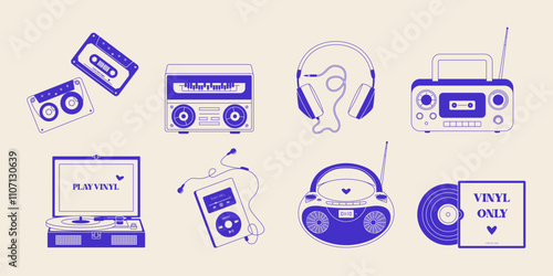 Retro 80s 90s music elements. Vintage analog audio devices cassette vinyl record, old stereo radio equipment, nostalgic hipster icons. Vector doodle set