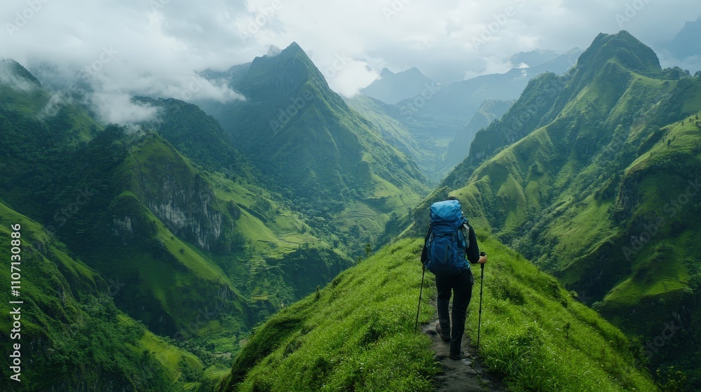 A solo traveler hiking through lush green mountains, embracing a lifestyle of adventure, exploration, and self-discovery. A solo traveler hiking through lush green mountains, embracing a lifestyle of adventure, exploration, and self-discovery.