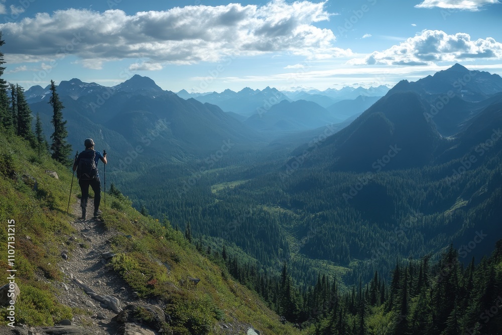 A lone hiker standing on a mountain trail, admiring stunning views of rolling hills and majestic peaks under a bright blue sky with fluffy clouds. A lone hiker standing on a mountain trail, admiring stunning views of rolling hills and majestic peaks under a bright blue sky with fluffy clouds.