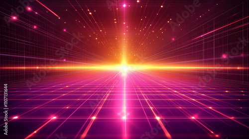 Abstract Pink and Yellow laser light beam tunnel background. A futuristic virtual space illuminated by mysterious lights