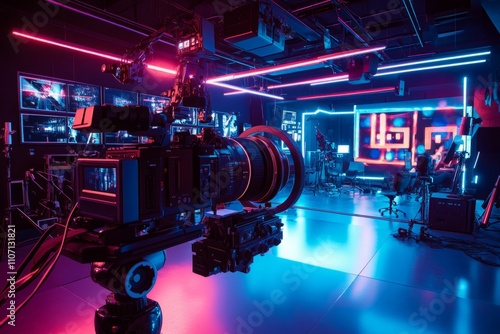 A high-tech camera captures a vibrant studio environment. The dynamic lighting adds a creative touch. Ideal for media production or live streaming projects. Generative AI