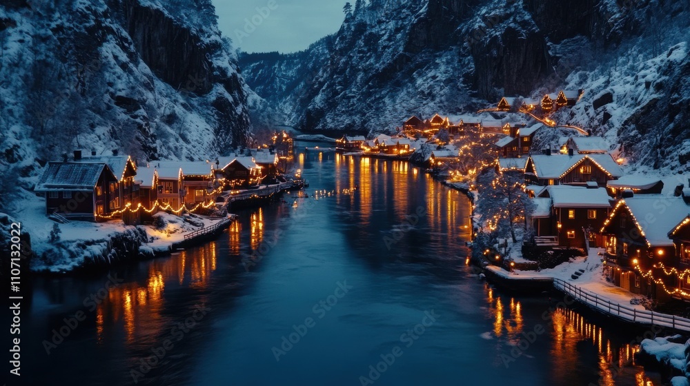 Obraz premium Serene Winter Landscape with Snow-Covered Cabins and Reflective River Illuminated by Warm Lights at Dusk, Capturing the Essence of a Tranquil Holiday Experience