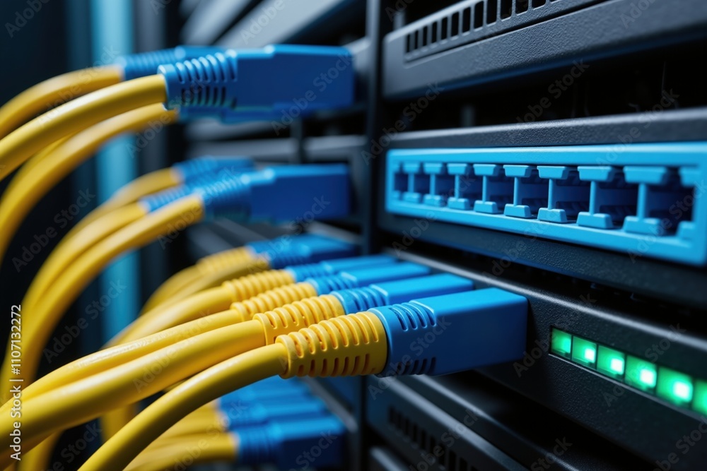 Close-up of network server with yellow cables and blue ethernet ports in data center environment. Close-up of network server with yellow cables and blue ethernet ports in data center environment.