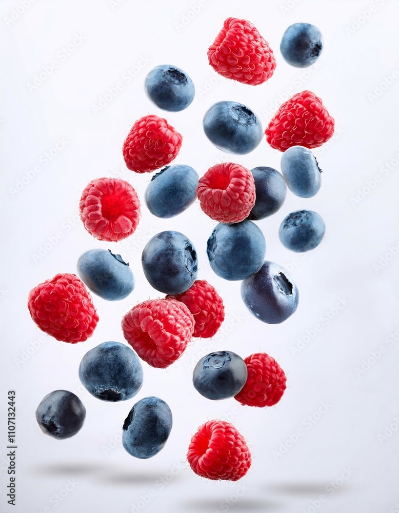 Falling berries of raspberries and blueberries on a white background Falling berries of raspberries and blueberries on a white background