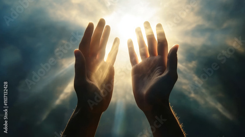 Human hands open palm up worship. Eucharist Therapy Bless God Helping Repent Catholic Easter Lent Mind Pray. Christian Religion concept background. fighting and victory for god

