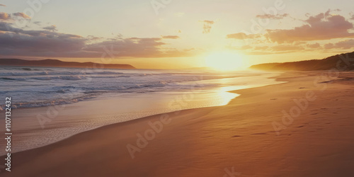 A serene beach sunset with golden sand, gentle waves, and the sun dipping below the horizon. The sky is painted in soft pinks and oranges, creating a tranquil and romantic vibe.