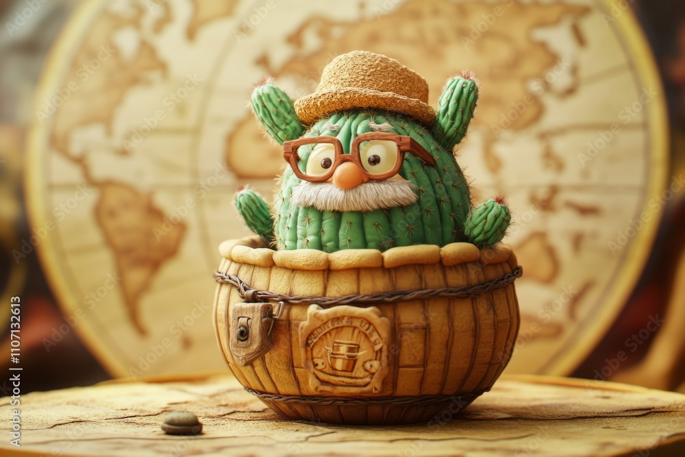Fototapeta premium A cheerful cactus character sits in a wooden pot. The character wears glasses and a hat, evoking a playful, whimsical style. Perfect for fun decor ideas. Generative AI