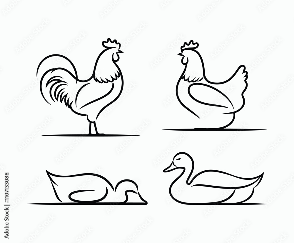 Fototapeta premium Smooth Line Poultry Silhouettes Vector Template