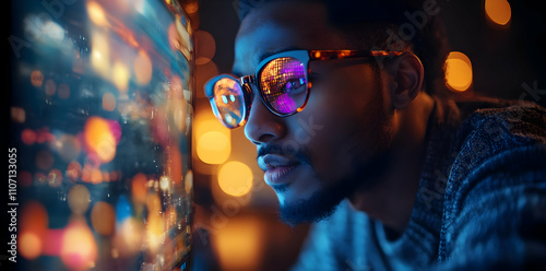 Wallpaper Mural A person wearing stylish glasses gazes intently at a colorful display of lights. Torontodigital.ca